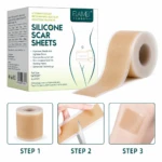 Cinta de silicona lavable para cicatrices, color beige, con caja que muestra instrucciones de uso y tres pasos de aplicación sobre piel.