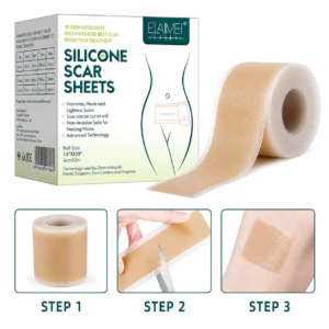 Cinta de silicona lavable para cicatrices, color beige, con caja que muestra instrucciones de uso y tres pasos de aplicación sobre piel.