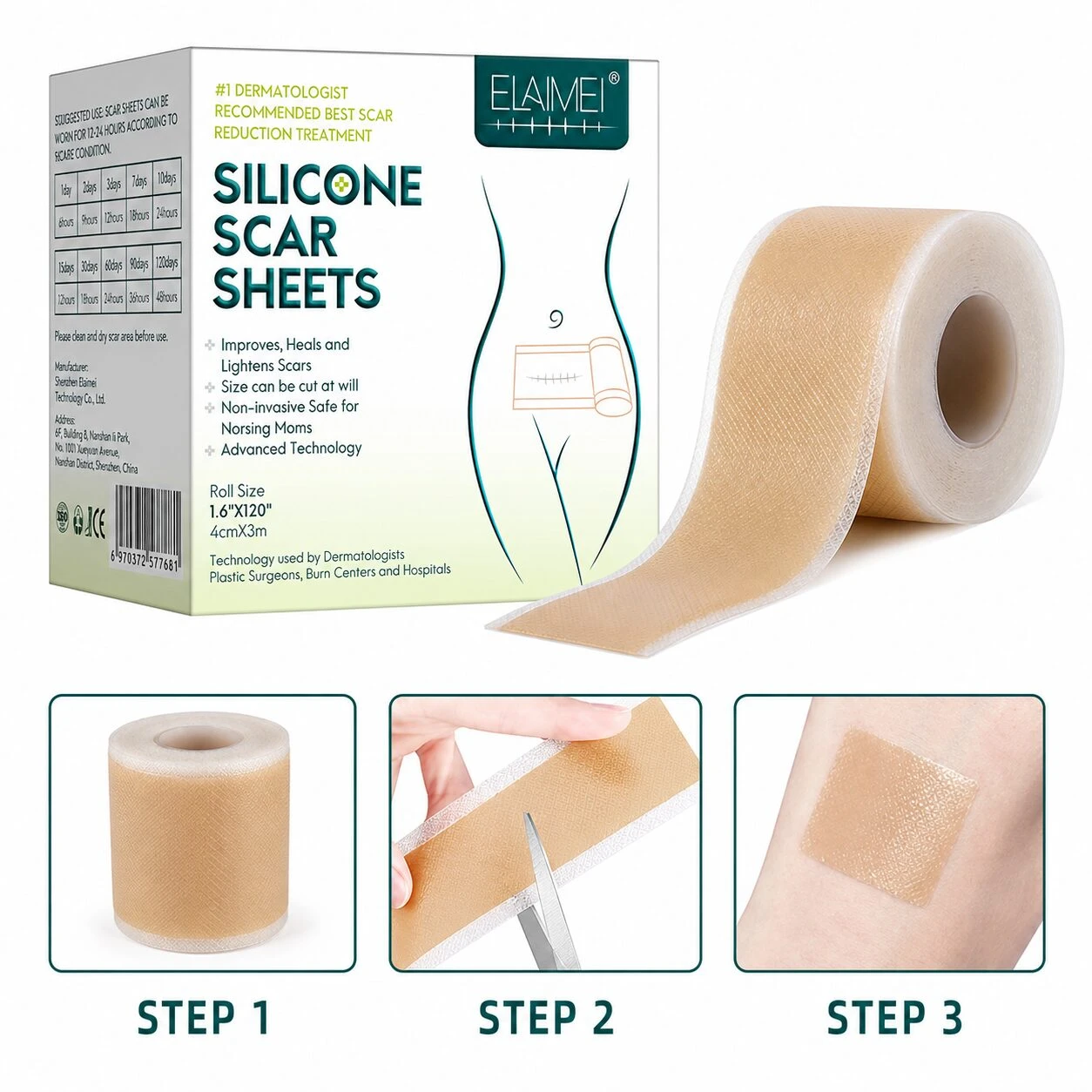 Cinta de silicona lavable para cicatrices, color beige, con caja que muestra instrucciones de uso y tres pasos de aplicación sobre piel.