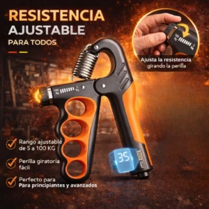 Fortalecedor de agarre negro y naranja con perilla giratoria para ajustar resistencia de 5 a 100 kg, monitor digital mostrando 35 kg y detalles de uso en círculo superior derecho.