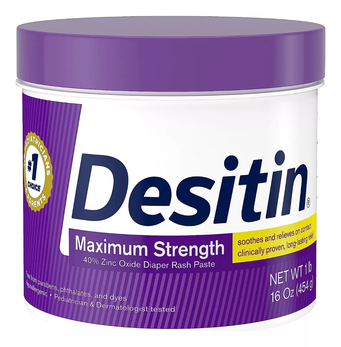 Tubo de crema Desitin Máxima Protección, 454g, con óxido de zinc al 40%, para prevenir pañalitis en bebés. Envase blanco con tapa y etiqueta morada.