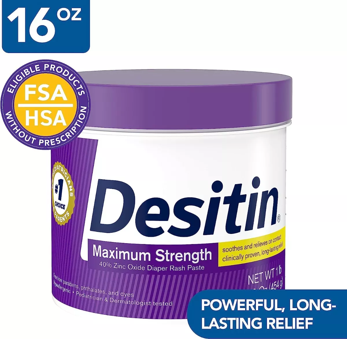 Tubito de crema Desitin Máxima Protección Zinc, 454g, con tapa morada y etiqueta que indica alivio duradero para pañalitis.