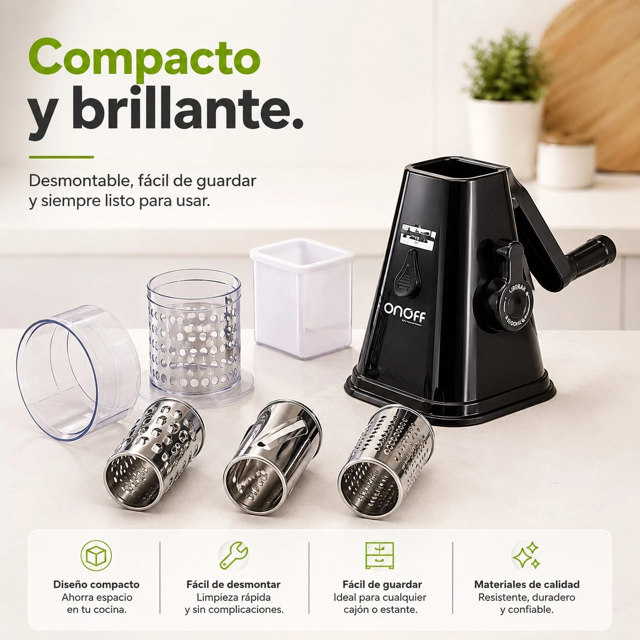 Molino rallador multifuncional negro con base y tres discos de acero inoxidable, accesorios desmontables y contenedor blanco, sobre superficie clara.