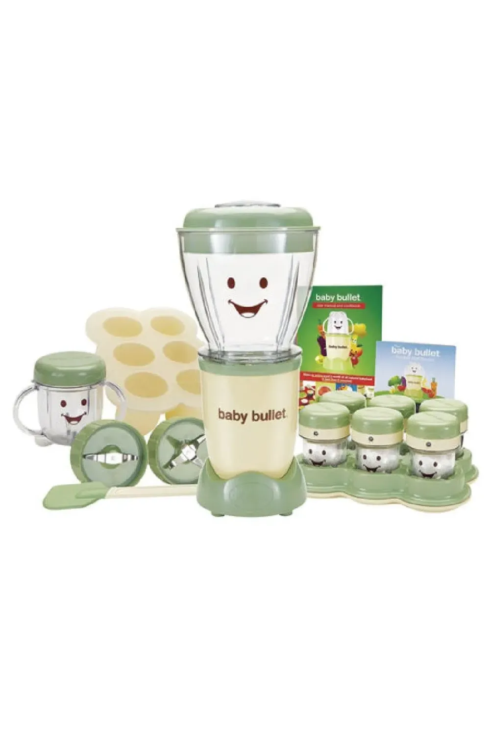 Preparador de alimentos compacto en verde con carita sonriente, incluye vaso, moldes, cuchara y recipientes para papillas.
