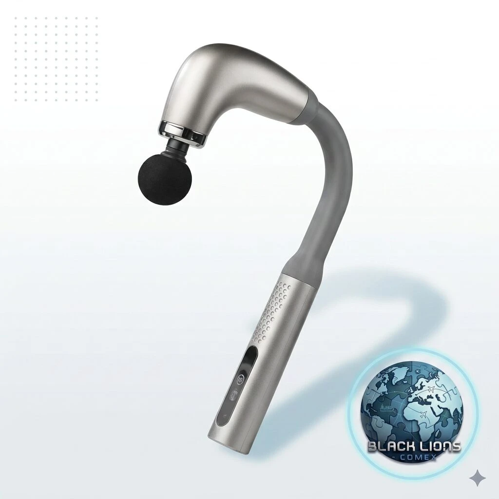 Masajeador de espalda con brazo extensor en color gris metálico, mango ergonómico con panel de control y cabezal redondo negro para masaje muscular.