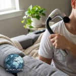 Hombre usando masajeador de cuello y hombros con brazo extensor, color gris metálico y negro, en sala con sofá y planta de fondo.