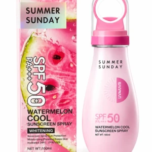 Spray protector solar SPF 50 PA+++ de Summer Sunday, presentación en frasco rosa con tapa ergonómica y caja ilustrada con sandía. Incluye protección UVA/UVB y efecto whitening.