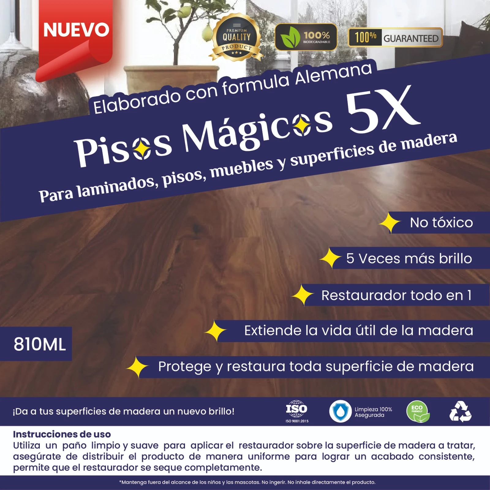 Restaurador de madera Pisos Mágicos 5X, 810 ml. Producto en bote con etiqueta azul y texto blanco sobre fondo de piso de madera pulida. Incluye sellos de calidad, garantía y beneficios como brillo extra y protección.