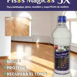 Bote de restaurador de madera Pisos Mágicos 5X, presentación de 1 litro con etiqueta azul y blanca, sobre piso de madera brillante en sala con ventana. Incluye antes y después, y beneficios: brilla, protege, recupera tono original.