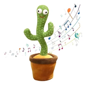 Cactus de peluche verde con ojos grandes y sonrisa, en maceta marrón, con notas musicales flotando alrededor.