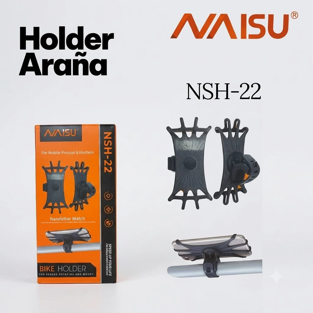 Soporte celular Nsh 22 de silicona negro, modelo con base de montaje para manillar. Incluye dos unidades: una vista frontal y otra lateral, mostrando su diseño de garras ajustables y base plana para fijación.