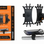 Soporte celular Nsh 22 en silicona negra, con base de agarre para manillar de bicicleta y caja de presentación naranja. Incluye dos unidades del mismo modelo.