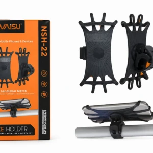 Soporte celular Nsh 22 en silicona negra, con base de agarre para manillar de bicicleta y caja de presentación naranja. Incluye dos unidades del mismo modelo.