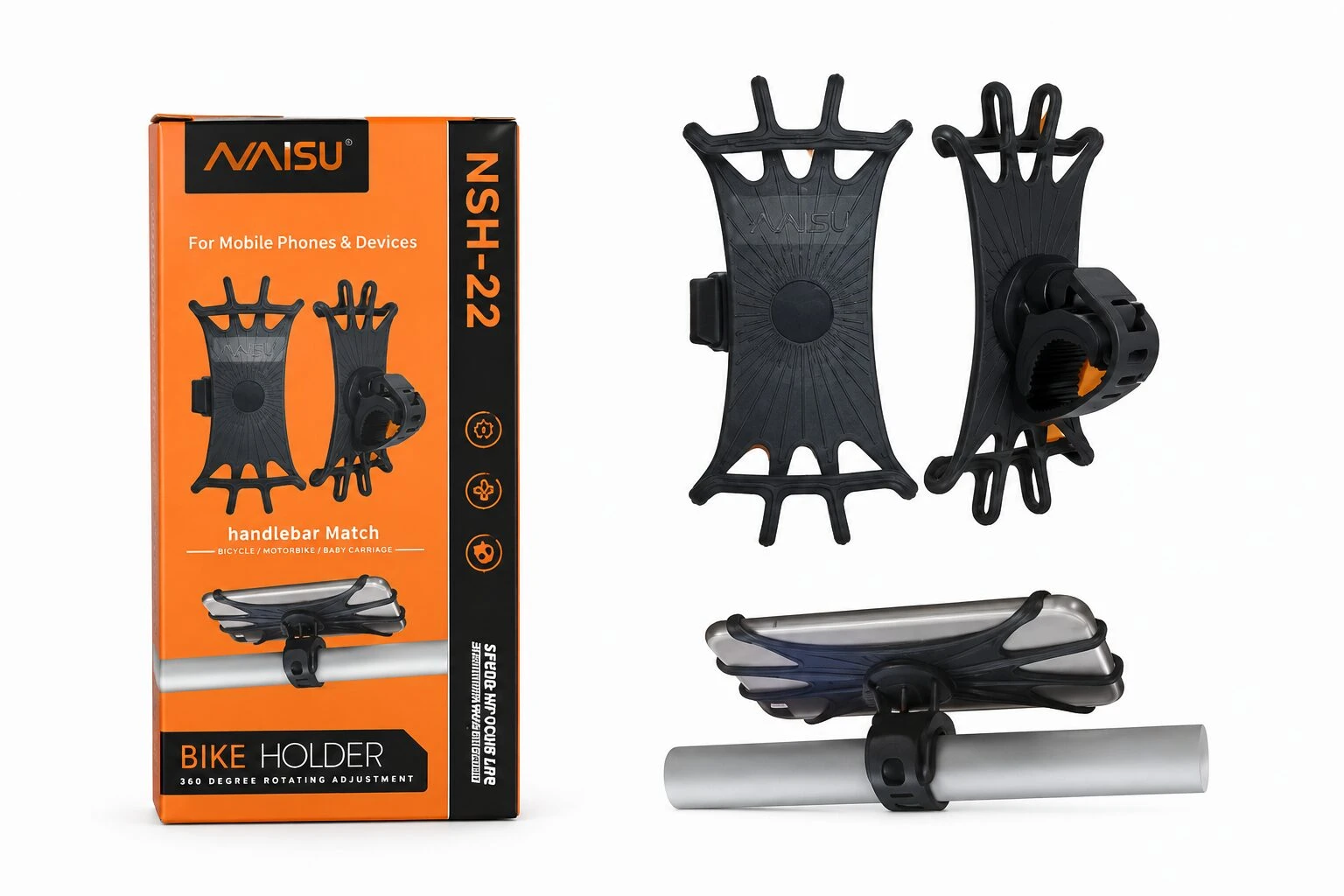 Soporte celular Nsh 22 en silicona negra, con base de agarre para manillar de bicicleta y caja de presentación naranja. Incluye dos unidades del mismo modelo.