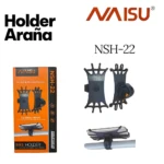 Soporte celular Nsh 22 de silicona negro, modelo con base ajustable y soporte para GPS, mostrado en caja y piezas desmontadas.