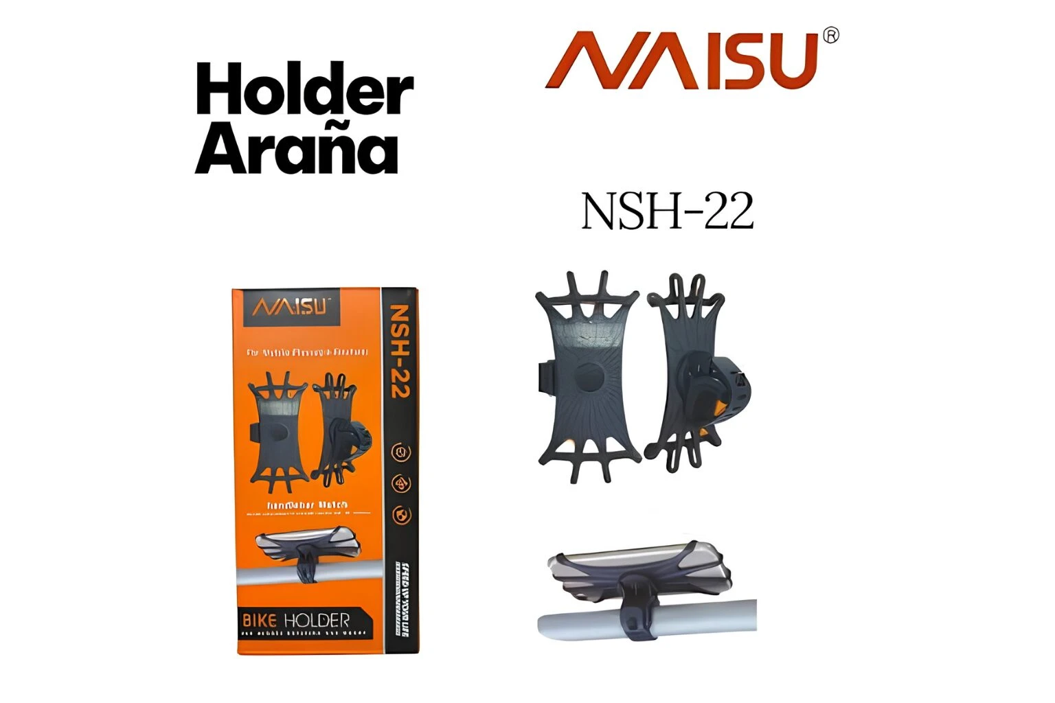 Soporte celular Nsh 22 de silicona negro, modelo con base ajustable y soporte para GPS, mostrado en caja y piezas desmontadas.