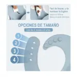 Silicona ergonómica para bebés, color azul claro. Muestra opciones de tamaño con 4 niveles ajustables, uso desde 4 meses a 6 años. Fácil de limpiar, material 100% grado alimenticio.