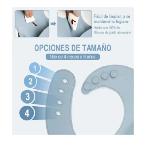 Silicona ergonómica para bebés, color azul claro. Muestra opciones de tamaño con 4 niveles ajustables, uso desde 4 meses a 6 años. Fácil de limpiar, material 100% grado alimenticio.