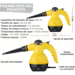 Limpiador de vapor portátil amarillo con boquilla reemplazable, mango antideslizante y cable de energía; incluye dimensiones y especificaciones técnicas visibles.