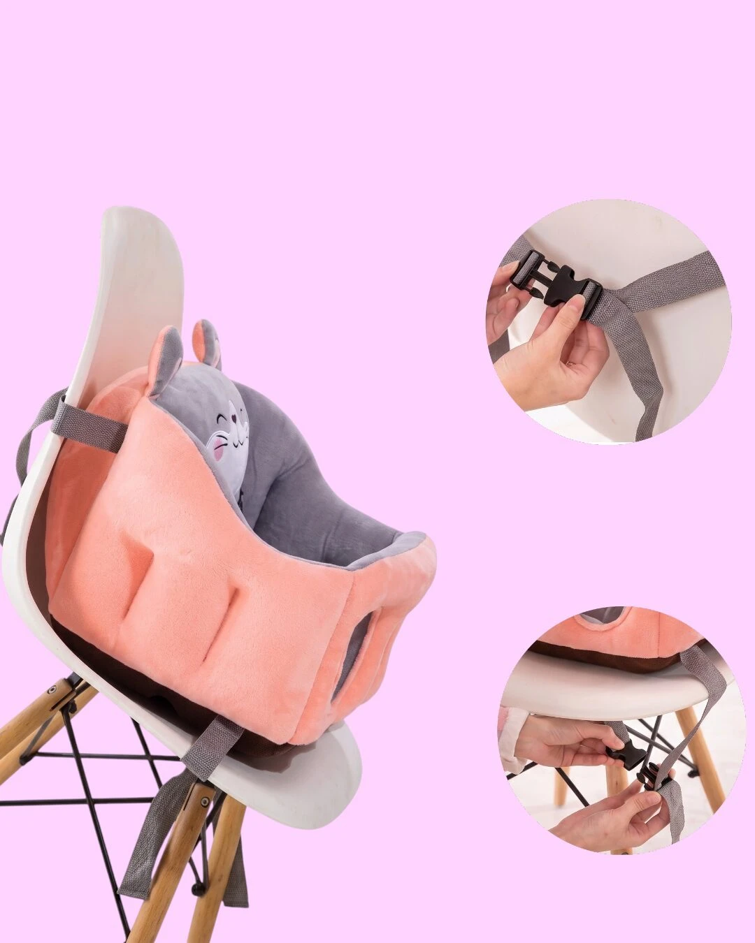Sofá ergonómico para bebé en color rosa con cinturón de seguridad ajustable, mostrando detalles de instalación y uso en silla de comedor.