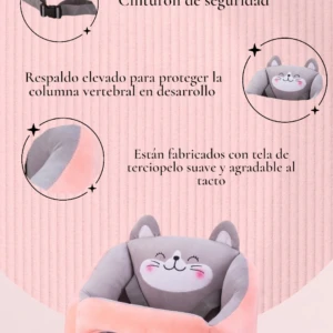 Sofá ergonómico para bebé en gris y rosa, con cinturón de seguridad y respaldo elevado que protege la columna. Tela de terciopelo suave.
