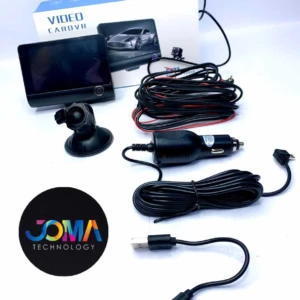 Cámara de seguridad para automóvil con monitor integrado, cableado, adaptador de encendido y soporte magnético, sobre fondo blanco.