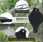 Polea de nylon negra con gancho abierto y triángulo metálico superior, para bajar macetas sin escaleras.