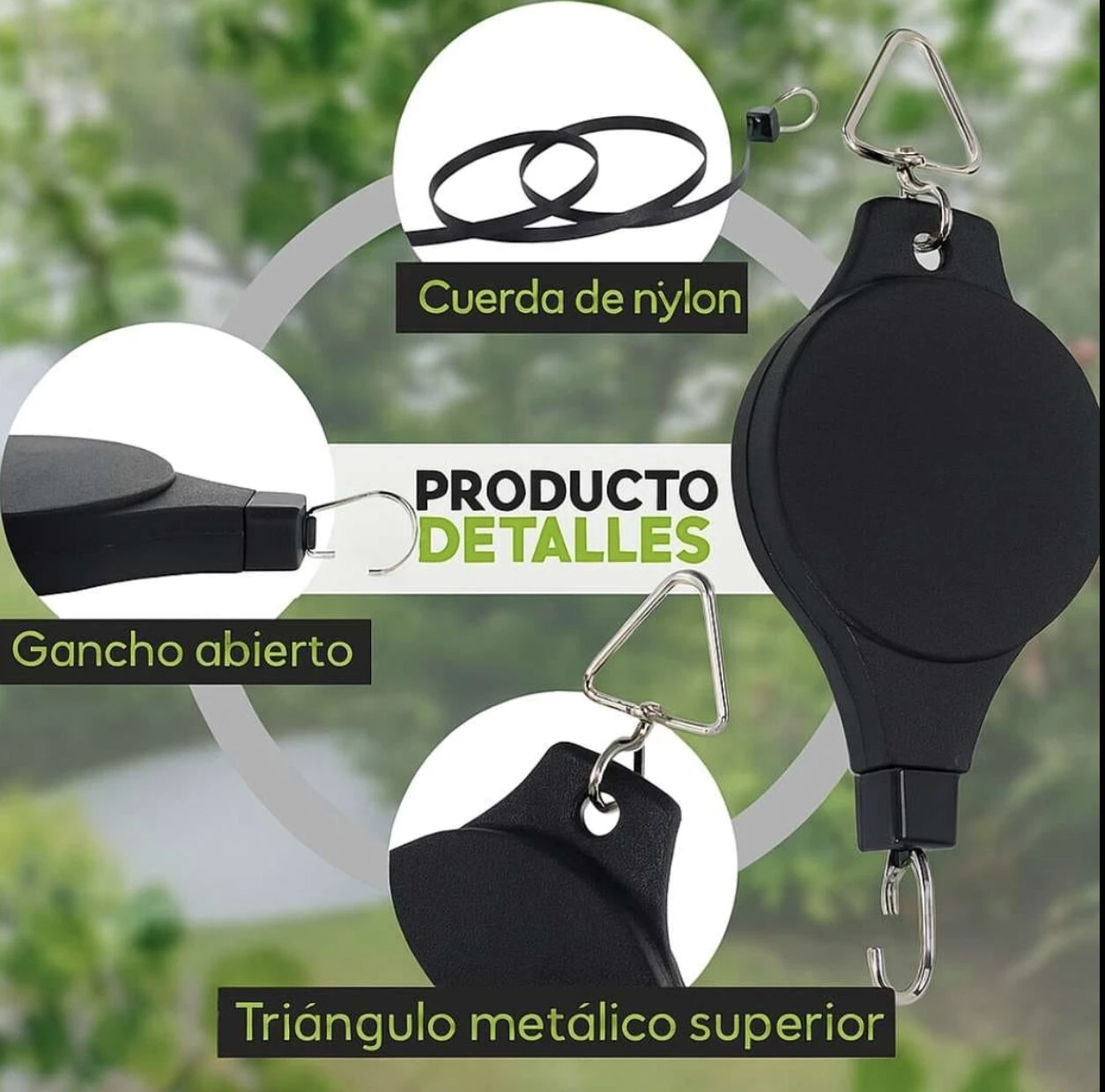 Polea de nylon negra con gancho abierto y triángulo metálico superior, para bajar macetas sin escaleras.