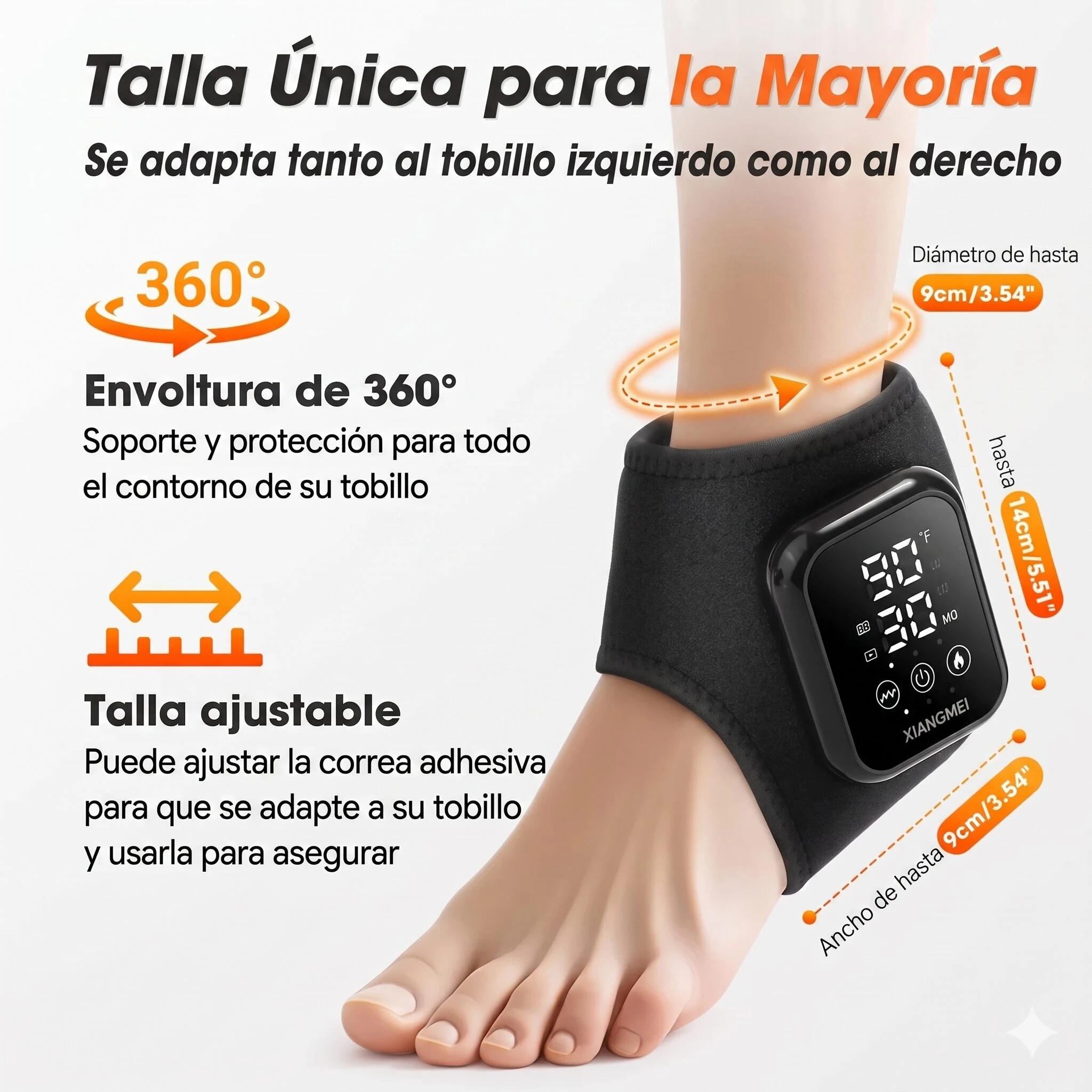Tobillera masajeadora térmica inalámbrica negra con pantalla digital, diseño ajustable de 360° para tobillo izquierdo o derecho, medidas hasta 9 cm de diámetro y 15,1 cm de ancho.