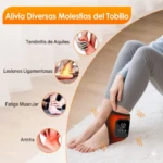 Tobillera térmica inalámbrica con pantalla digital, color naranja y negro, usada en tobillo derecho de persona sentada sobre alfombra blanca.