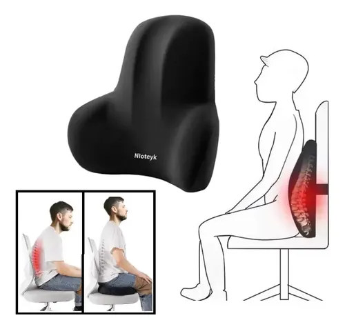 Cojín lumbar ergonómico negro de espuma viscoelástica para silla de oficina, diseñado para mejorar la postura y reducir dolores de espalda.