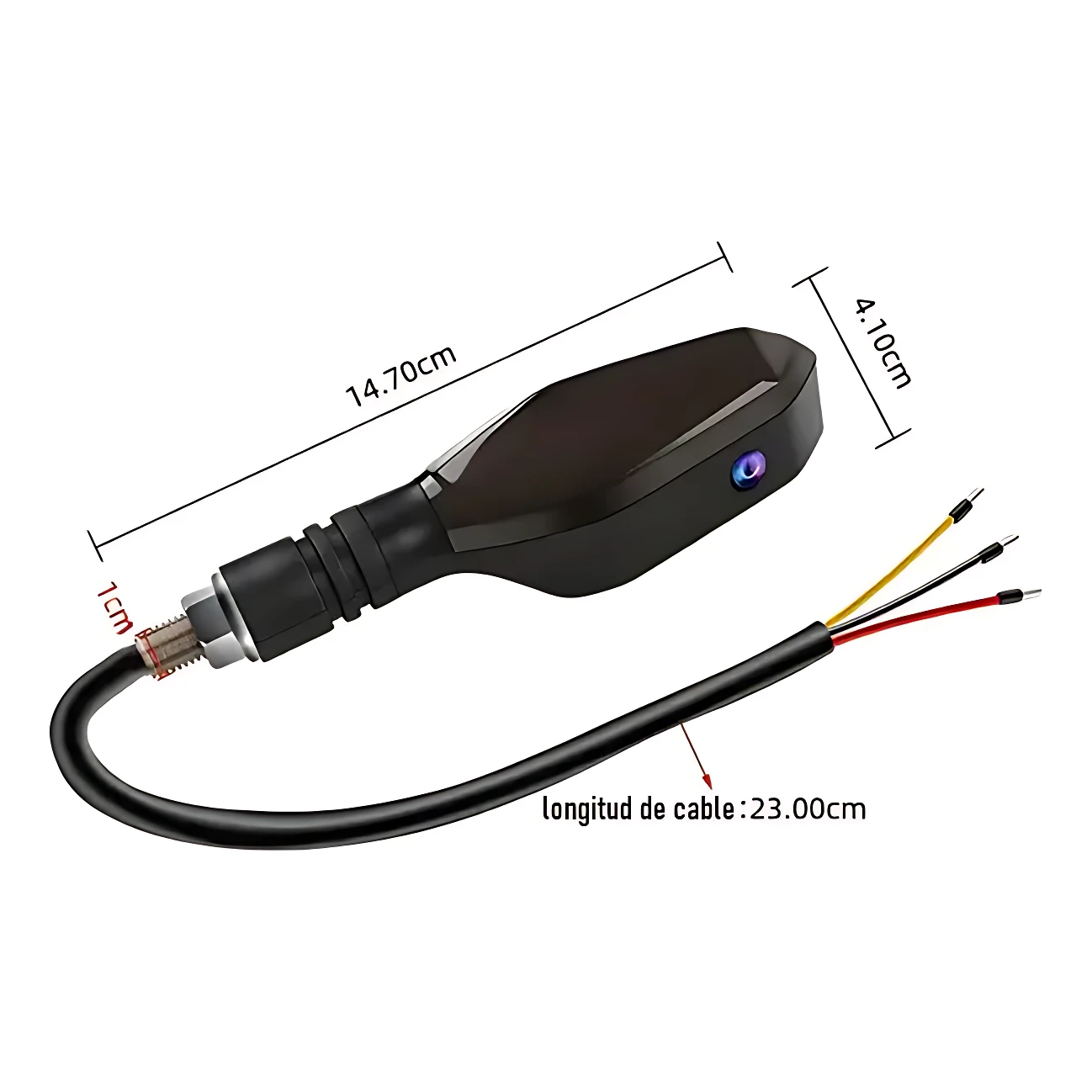 Mando direccional LED RGB con proyector, color negro, cable de 23 cm y dimensiones de 14,70 x 4,10 cm.