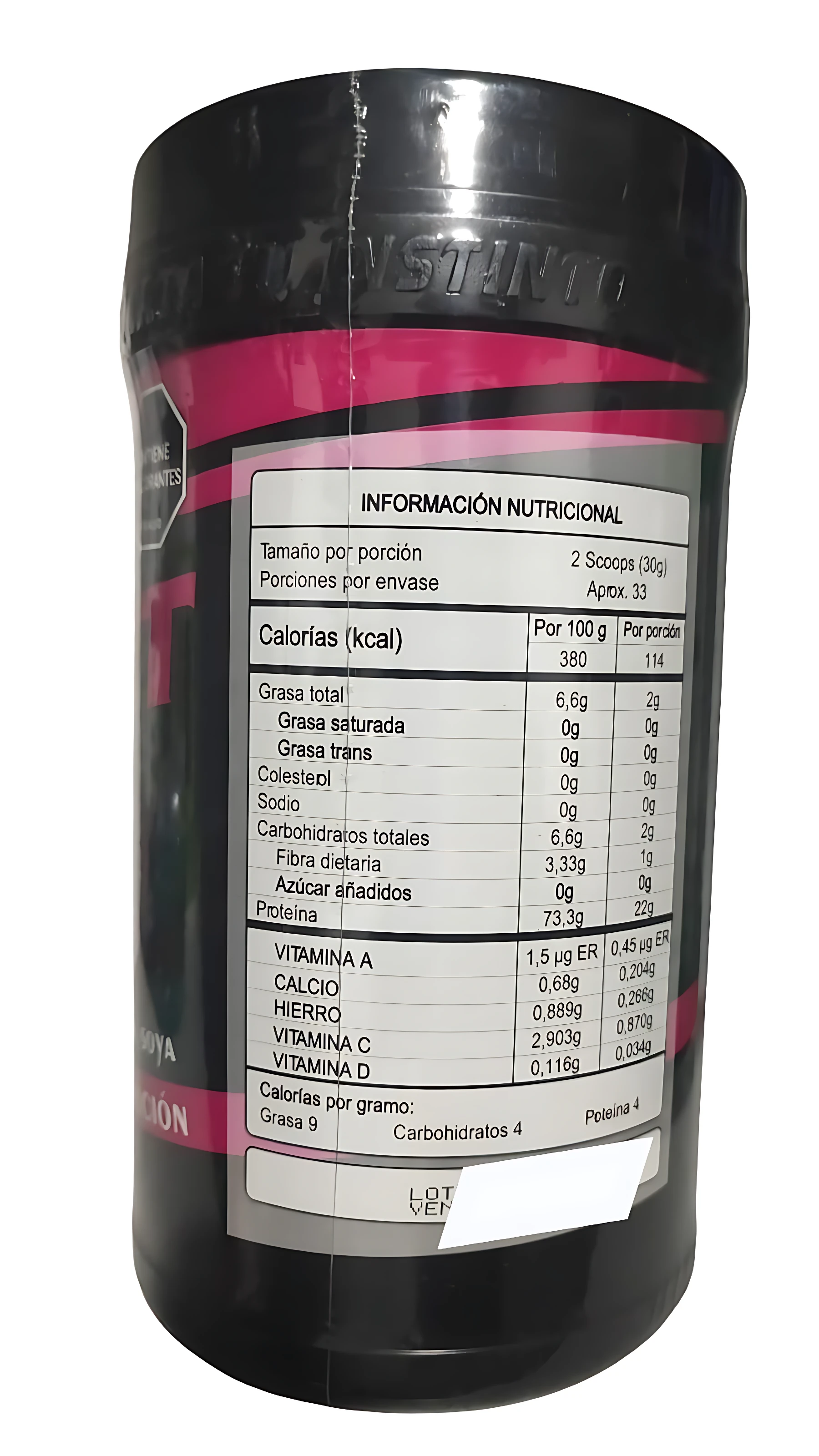 Etiqueta nutricional de Proteína aislada mujer sin azúcar 1kg, mostrando tabla de valores por porción y por 100g, con detalles de calorías, grasas, proteínas y vitaminas.