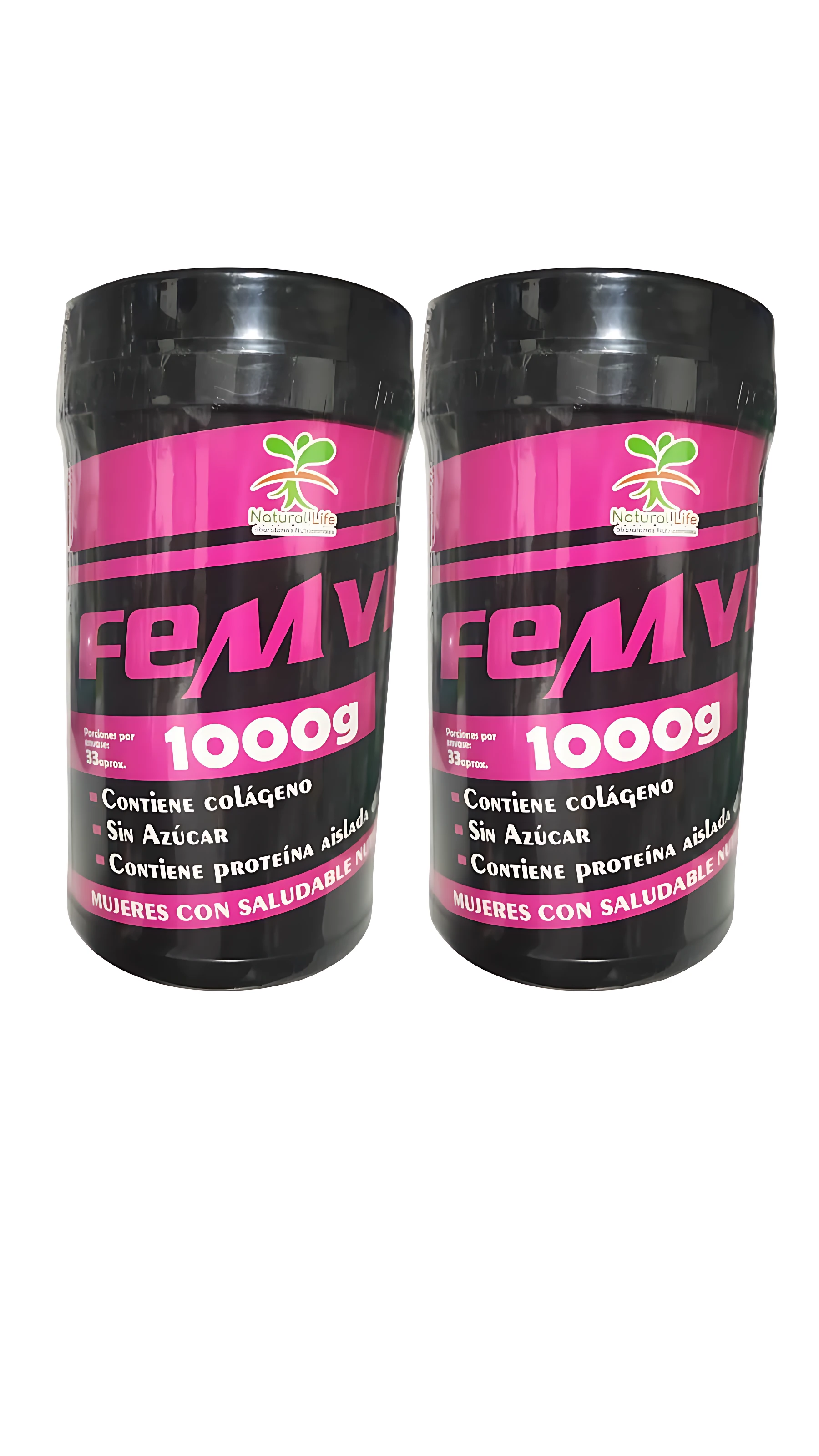 Dos recipientes cilíndricos negros de 1000g de proteína aislada para mujer sin azúcar, con etiqueta rosa y texto blanco, mostrando colágeno y proteína vegetal.