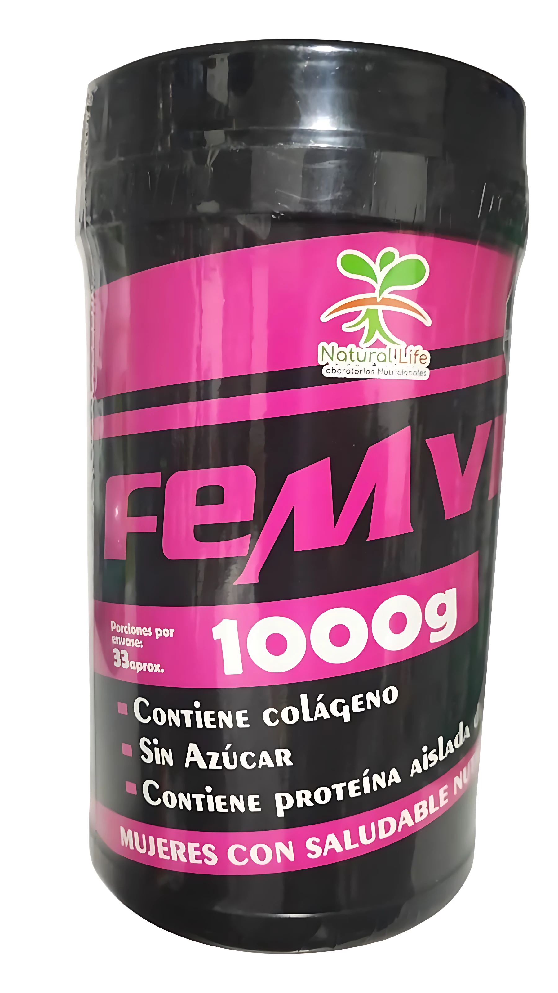 Contenedor negro con etiqueta rosa de 1000g de proteína aislada para mujer, sin azúcar, con colágeno y proteína aislada, marca NaturalLife.