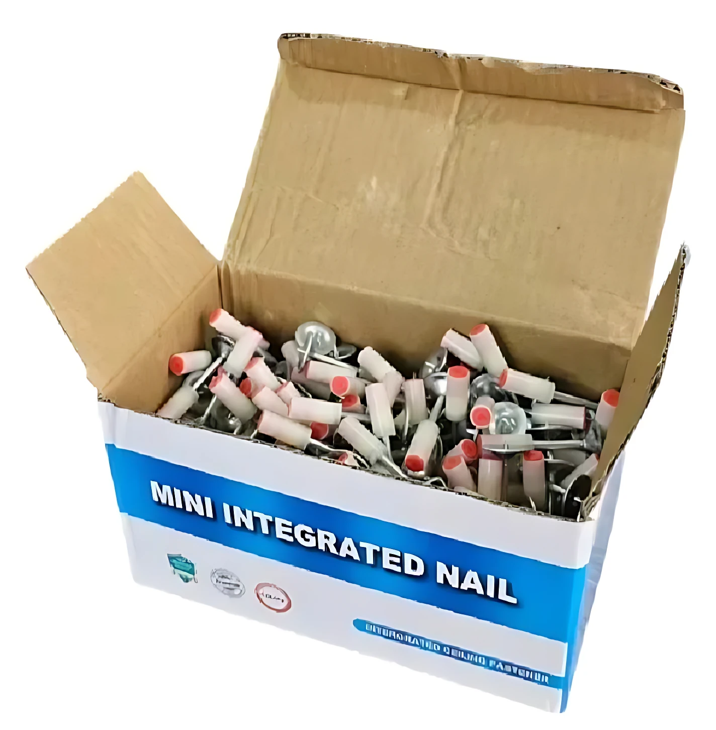 Caja abierta con clavos integrados de acero aleación, cabezas blancas y puntas rojas, dispuestos en interior del empaque. Ideal para fijación de vigas y techos.