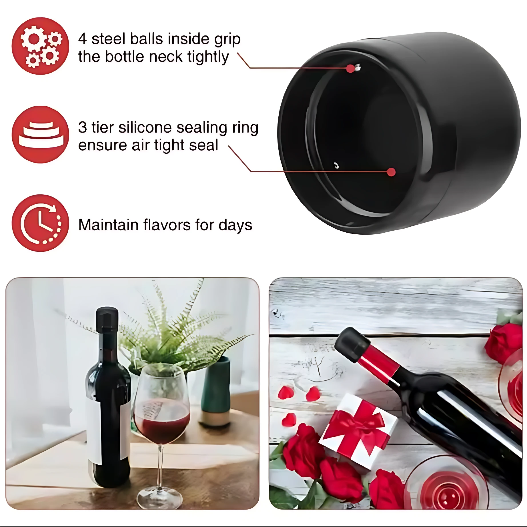 Tapas decorativas para botellas de vino en color negro, con sistema de cierre hermético y bolas de acero interno. Incluyen anillo de silicona y mantienen frescura por días.