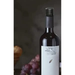 Botella de vino con tapón decorativo negro y etiqueta blanca, acompañada de uvas moradas y pan en primer plano.