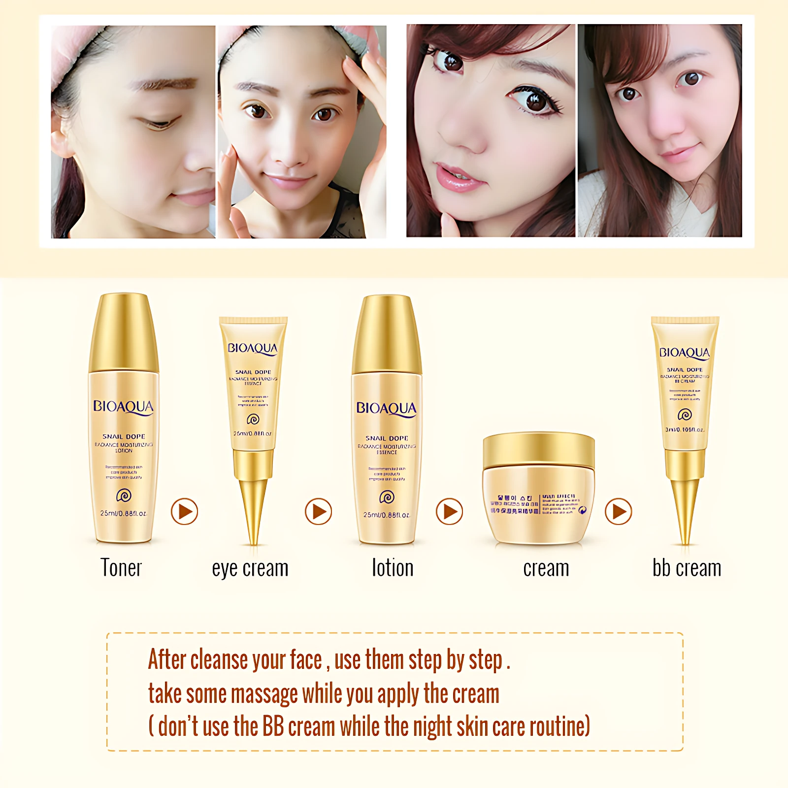 Kit de cuidado facial Bioaqua Snail Dope mini con toner, crema de ojos, loción, crema y BB cream, mostrando rostro femenino antes y después del uso.