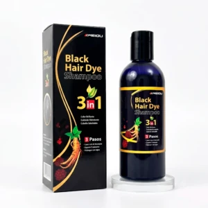 Botella de shampoo colorante negro con henna 3 en 1, junto a su caja, ambos con etiqueta que indica cobertura de canas y acabado brillante.