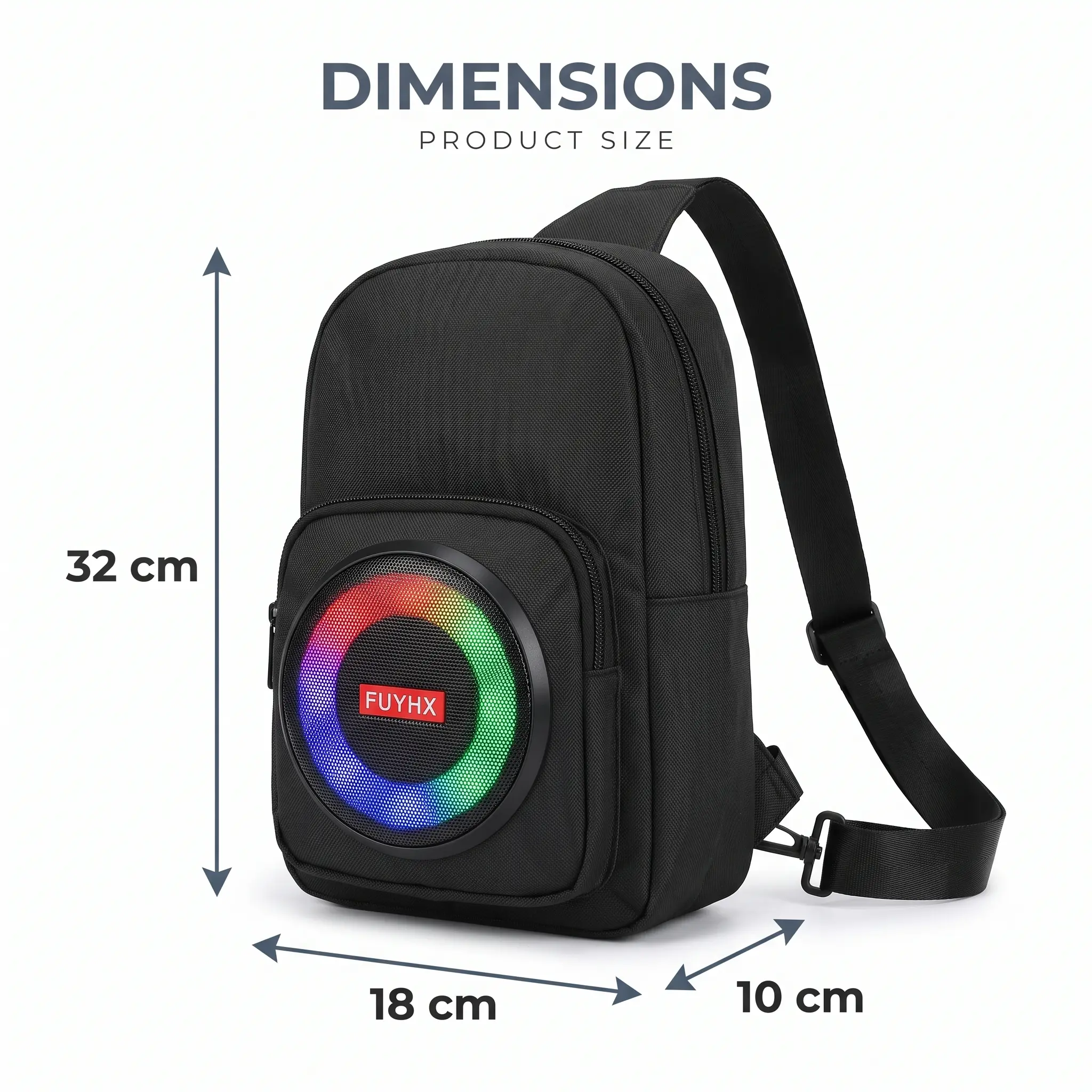 Bolso parlante negro con luces LED circulares de colores. Dimensiones: 32 cm de alto, 18 cm de ancho y 10 cm de profundidad.