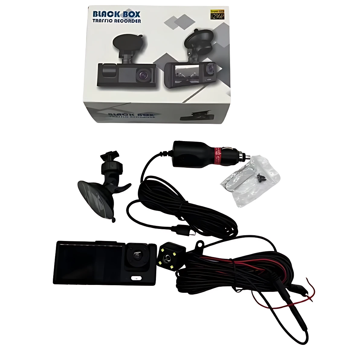 Cámara de seguridad para vehículo modelo A044, vista frontal con caja de presentación y accesorios incluidos: soporte adhesivo, cable de alimentación y cámara trasera.