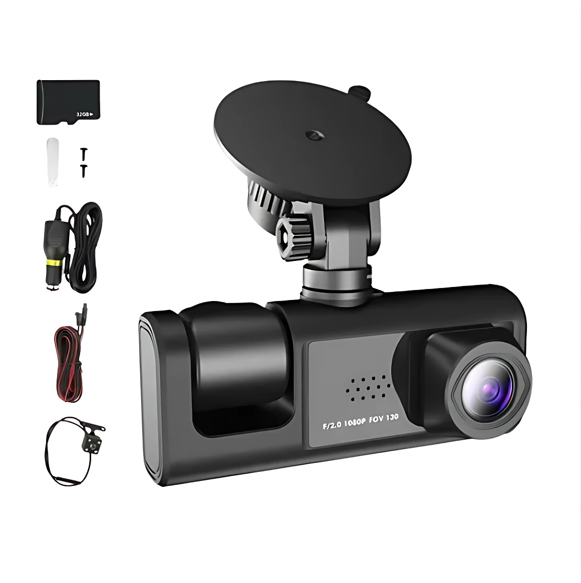 Cámara de auto negra con soporte de ventosa, lente frontal y accesorios incluidos: cable de carga, cable USB, adaptador de encendedor y cable de extensión.