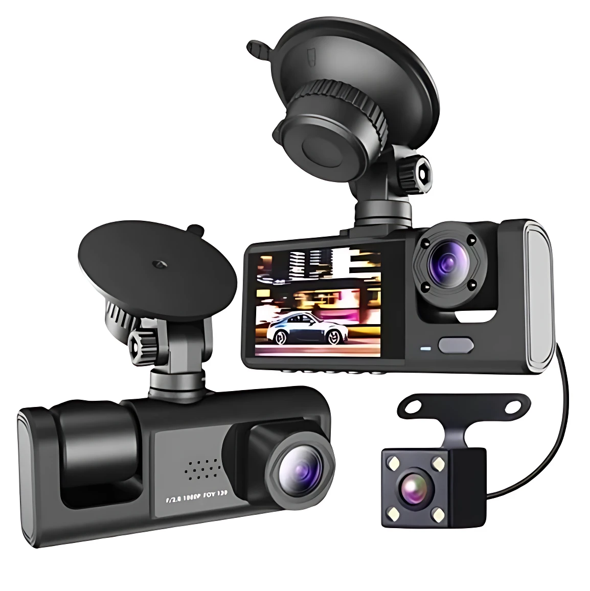 Cámara de auto 3 en 1 negra con pantalla LCD, montaje adhesivo y lente frontal; incluye cámara trasera y soporte magnético.