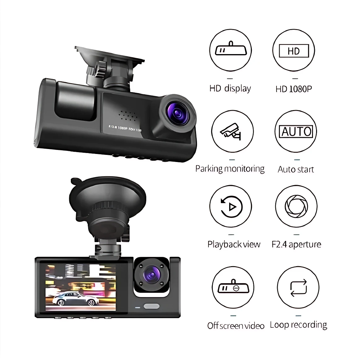 Cámara de auto negra con pantalla LCD, lente frontal y soporte de ventosa. Muestra vista frontal y trasera, con iconos que indican funciones como grabación en bucle, visión nocturna y monitoreo de estacionamiento.