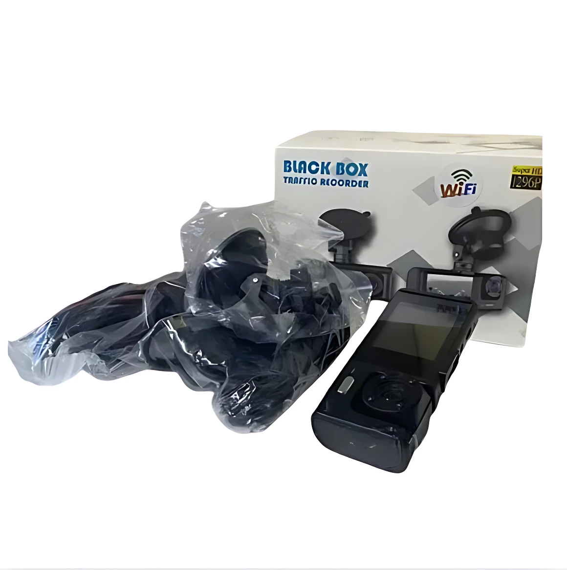Cámara de seguridad para vehículo Black Box 3 en 1, color negro, con pantalla frontal, accesorios incluidos y caja de presentación.