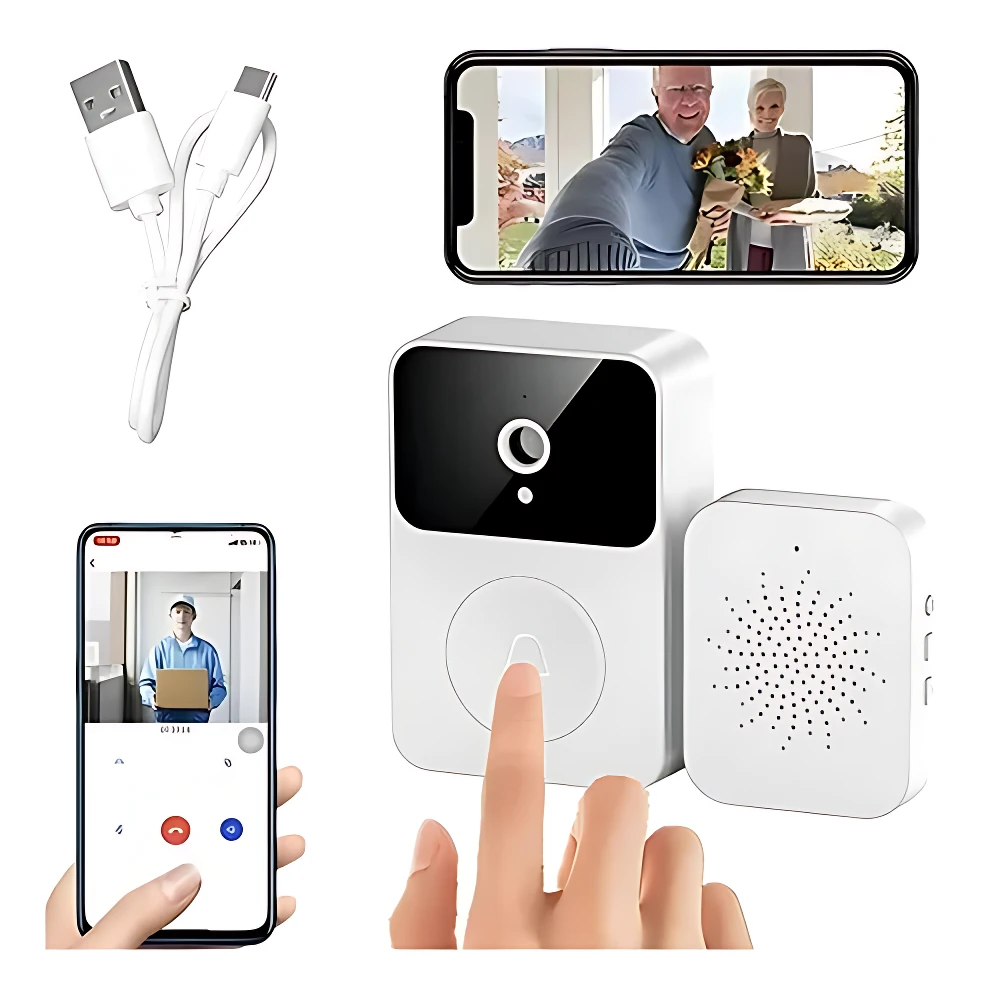Timbre de video WiFi X9 blanco con pantalla táctil, cámara y micrófono. Incluye cable USB-C y app móvil para ver visitantes en tiempo real.