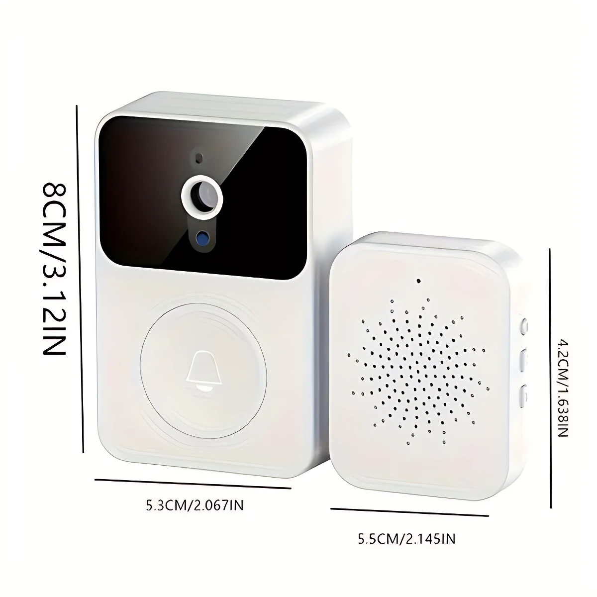 Timbre de video WiFi X9 blanco con cámara y receptor, mostrando dimensiones en cm y pulgadas.