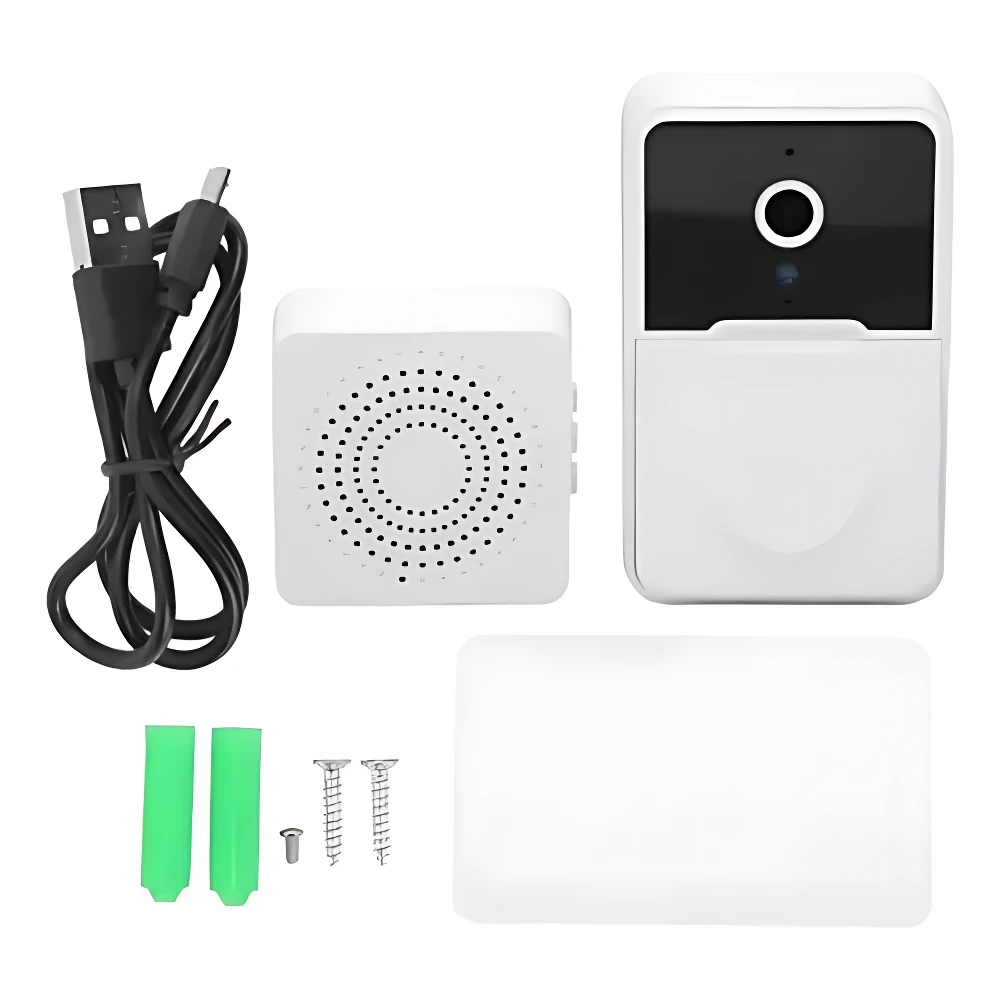 Kit de timbre de video WiFi X9 con visión nocturna, incluye cámara blanca, parlante, cable USB, tornillos y pegatinas.