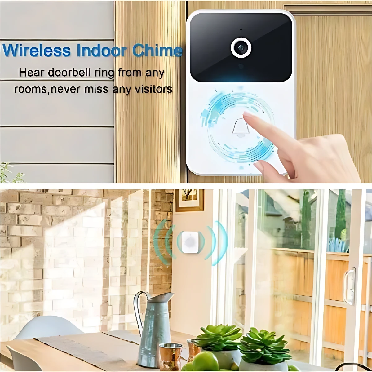 Timbre de video WiFi X9 con pantalla táctil y botón de campana, montado en pared de madera clara; incluye sensor inalámbrico blanco en interior de cocina con plantas y mesa.